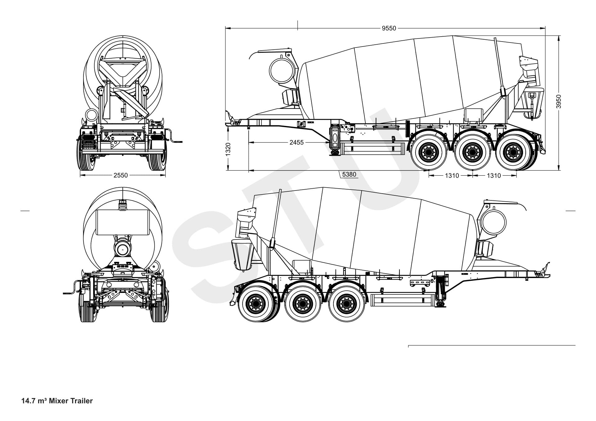 14.7 m³ Mixer Semi Trailer Dimensional Drawing